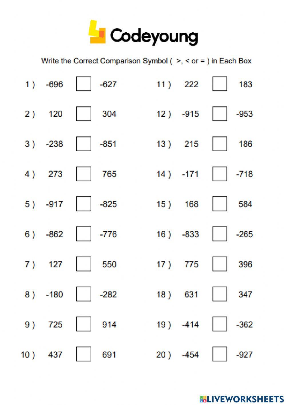 Comparison and Ordering of Integers Concept HW