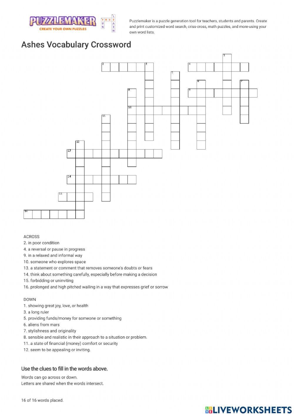 Ashes Vocab Crossword worksheet Live Worksheets