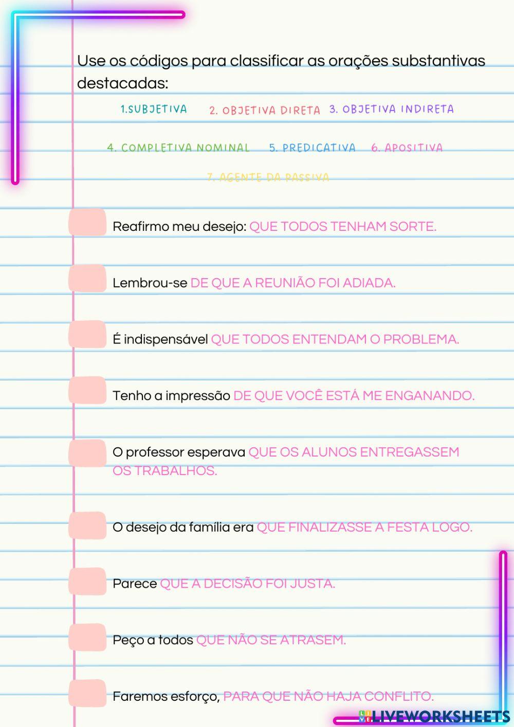 Classificação de orações subordinadas