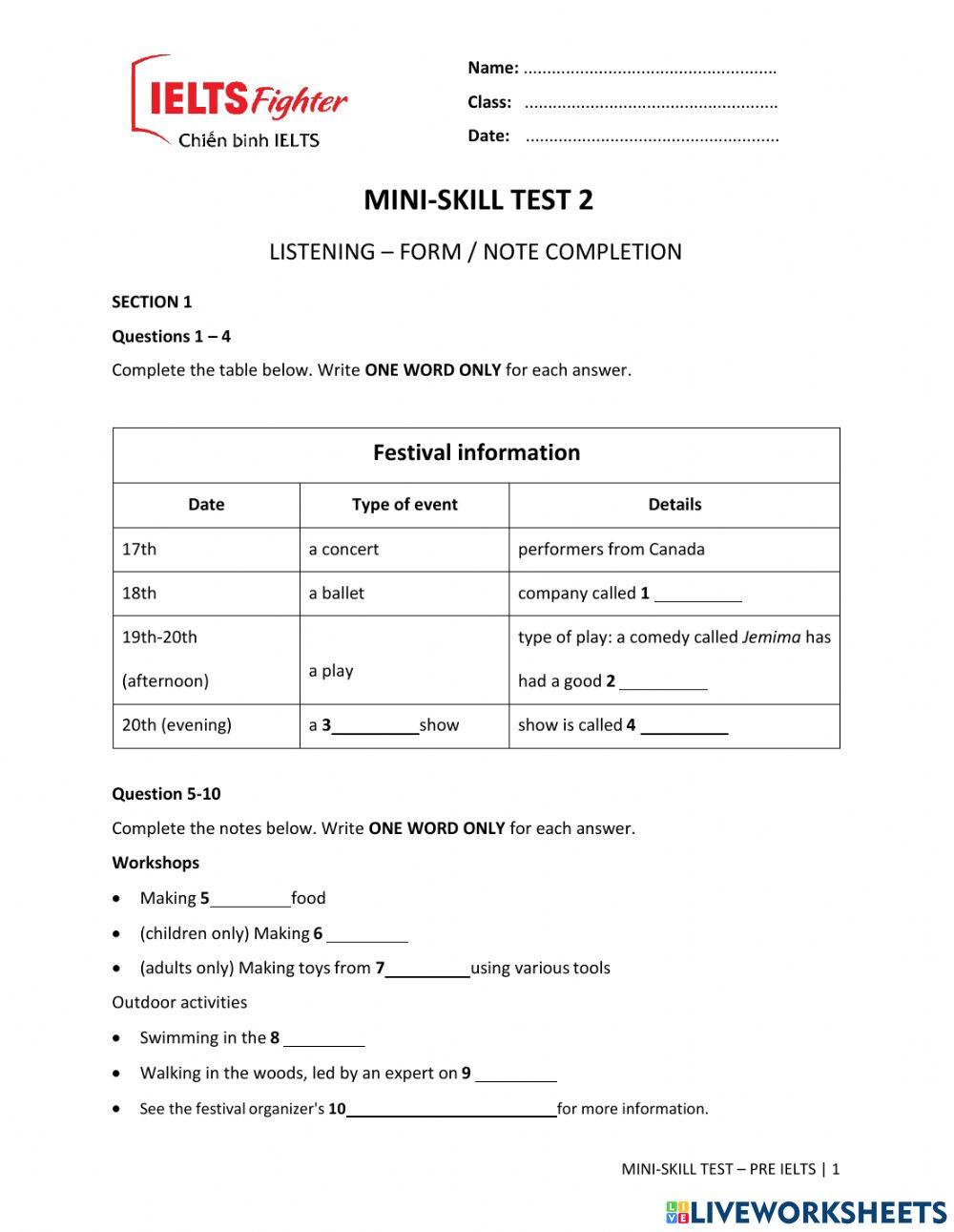 Mini test2 listening eip online exercise for live worksheets