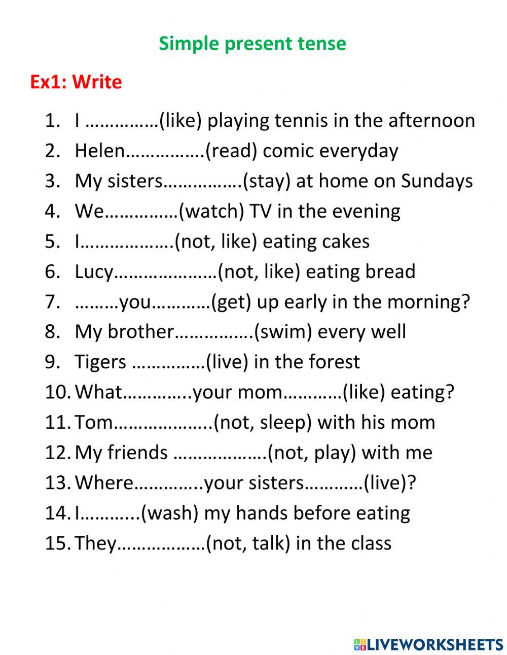 Simple present tense online exercise for Grade 4 | Live Worksheets