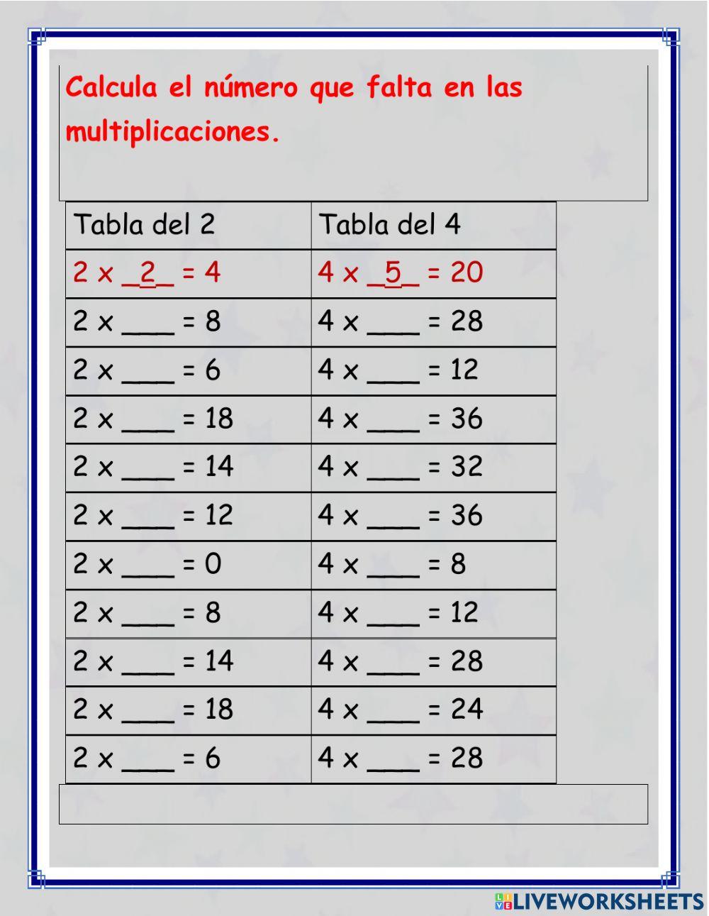 Ejercicios de las tablas del 2 y del 4