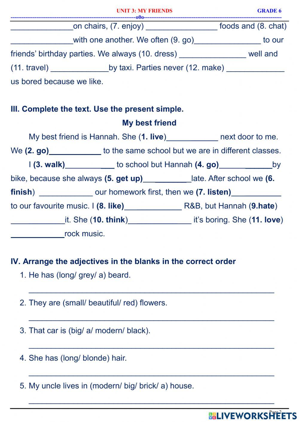 English 6 - Unit 3 - My Friends - Practice 3