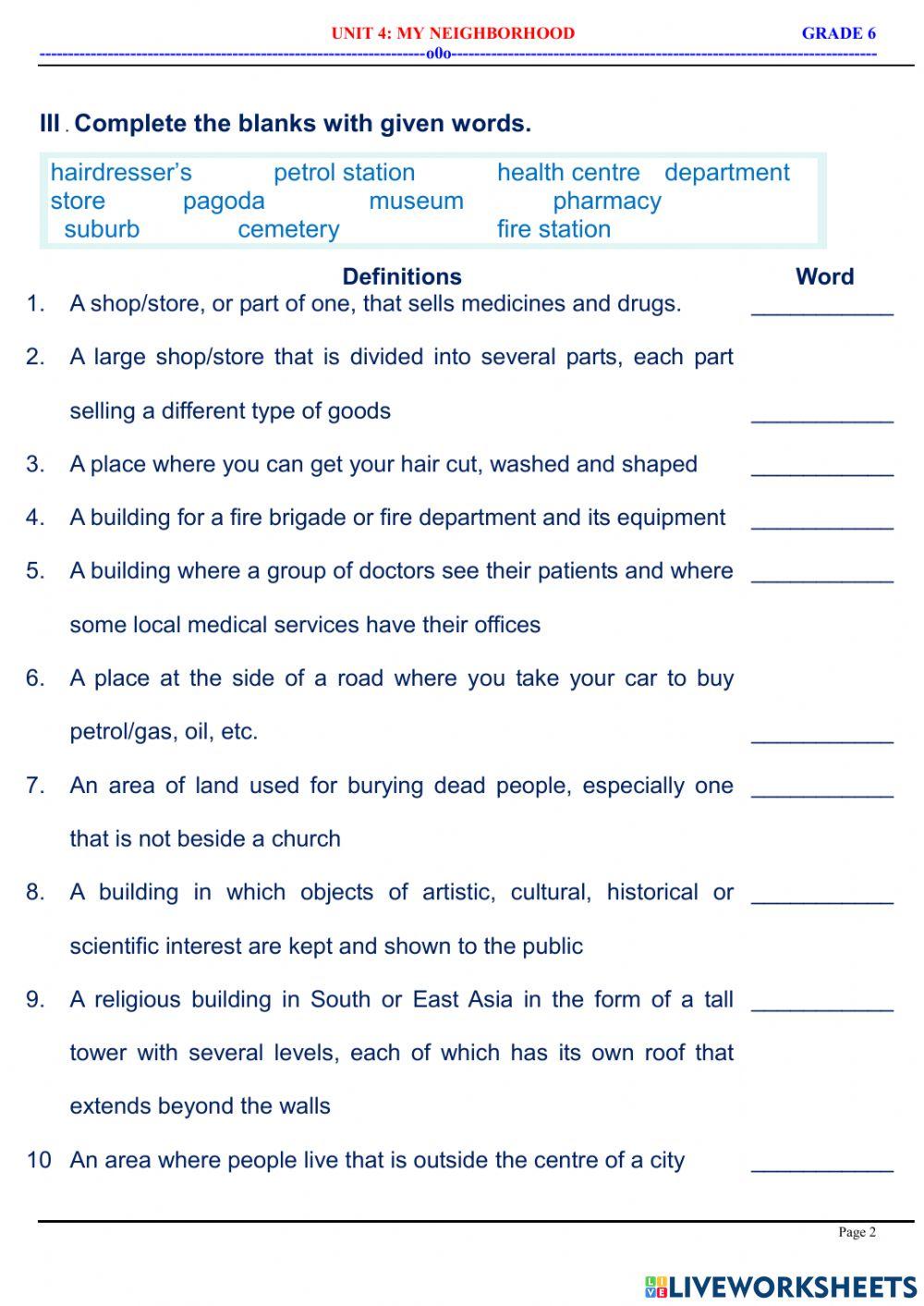 English 6 - Unit 4 - My Neighbourhood - Practice 1