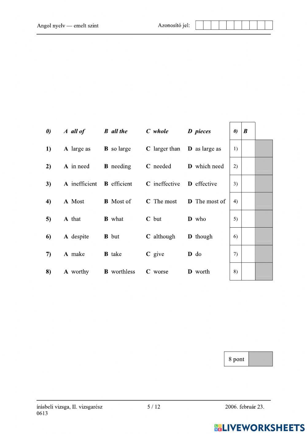 Érettségi 2006 február Nyelvhelyesség