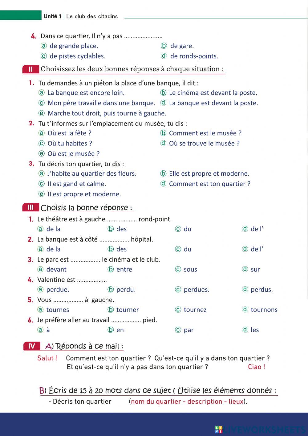 2014 Examen pour la deuxième année secondaire Unité 1 Leçon 1 « Décrire son quartier et sa ville »