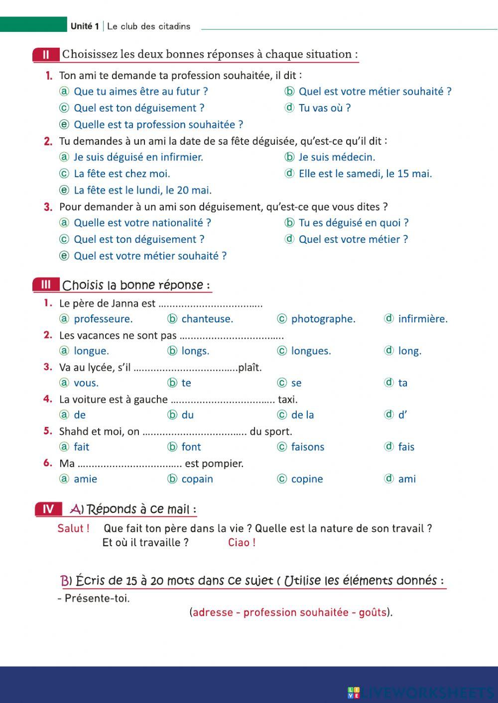 2018 Examen pour la deuxième année secondaire Unité 1 Leçon 3 « Parler des professions »