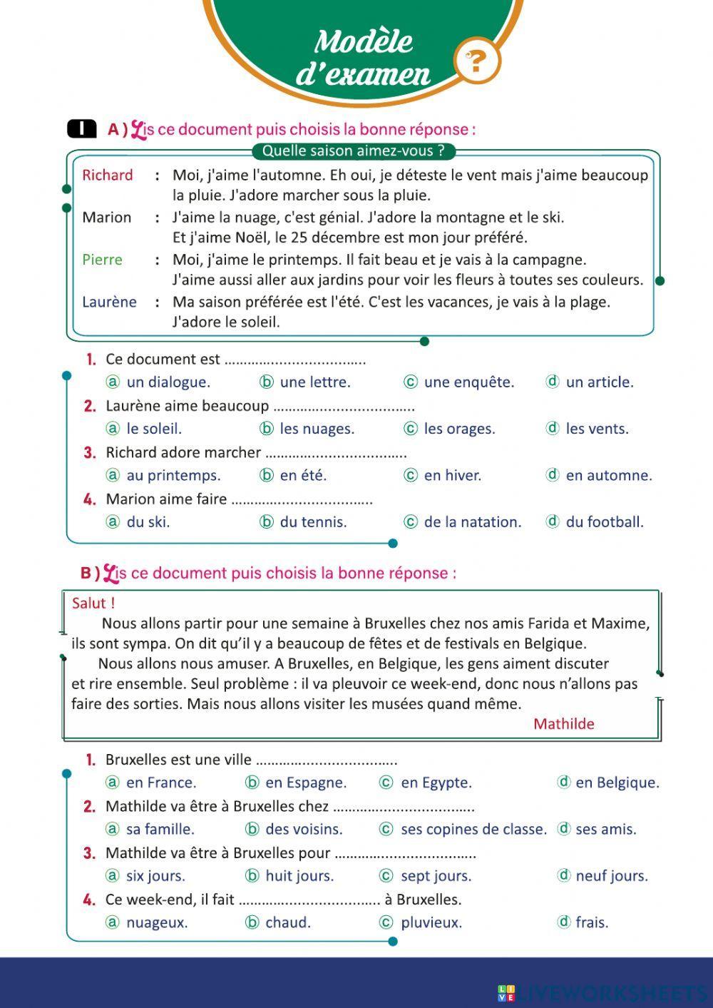 2022 Examen pour la deuxième année secondaire Unité 2 Leçon 1 « Parler du climat et des saisons »