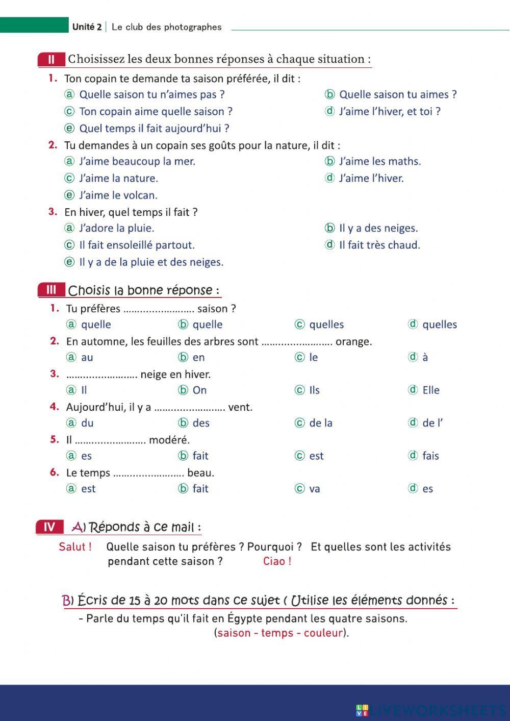 2022 Examen pour la deuxième année secondaire Unité 2 Leçon 1 « Parler du climat et des saisons »