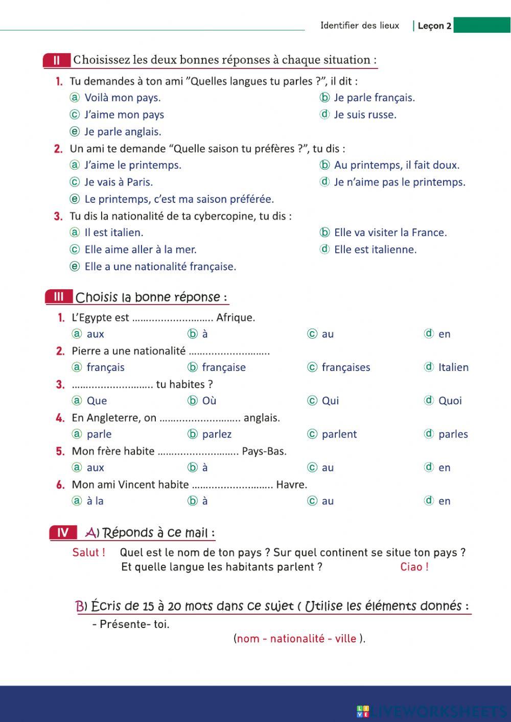 2025 Examen pour la deuxième année secondaire Unité 2 Leçon 2 « Identifier les lieux »