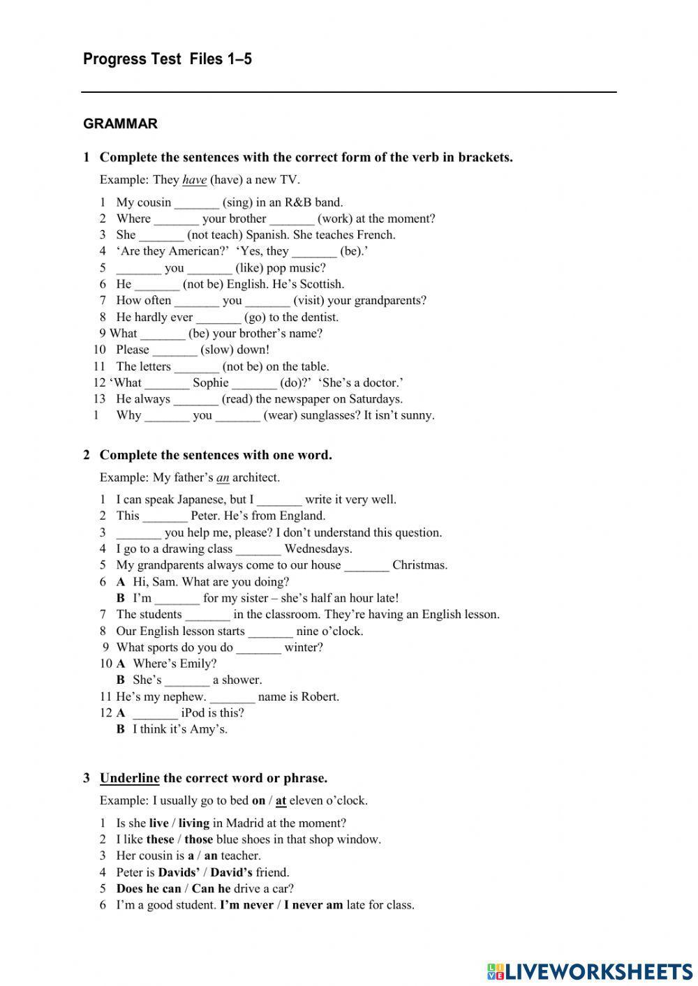 English File Elem progress test 1-5