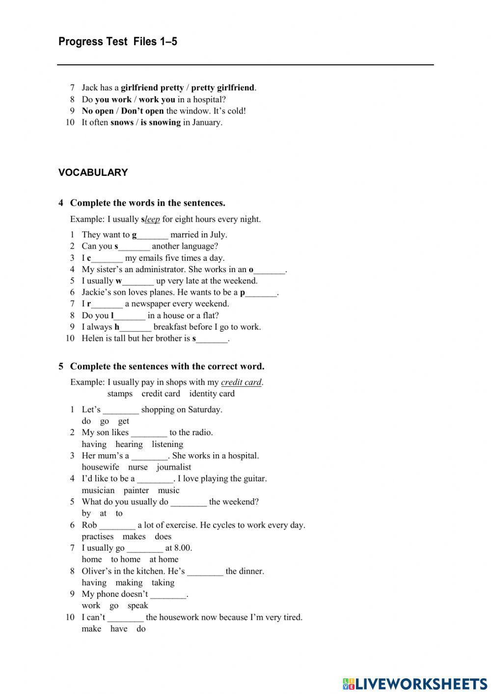 English File Elem progress test 1-5