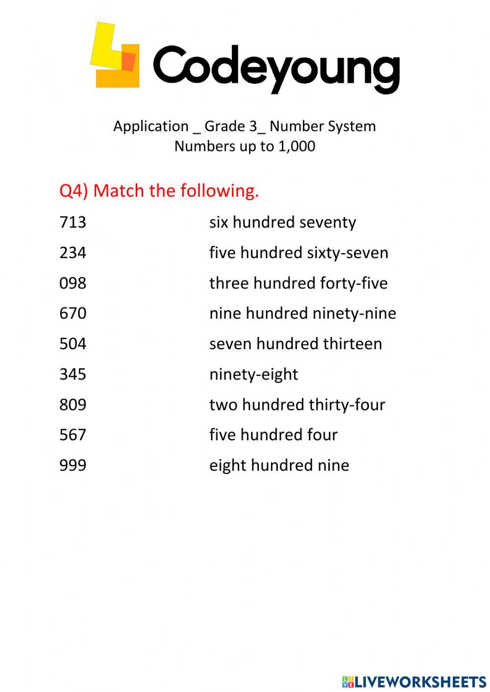 Numbers upto 1000  concept HW