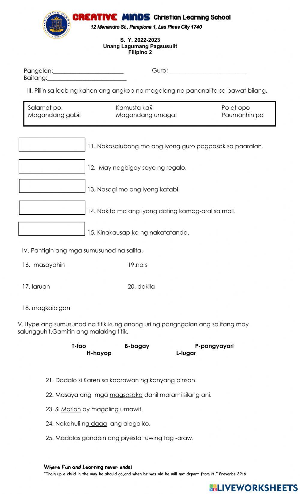 Test 2 FILIPINO WW 1 1 worksheet Live Worksheets
