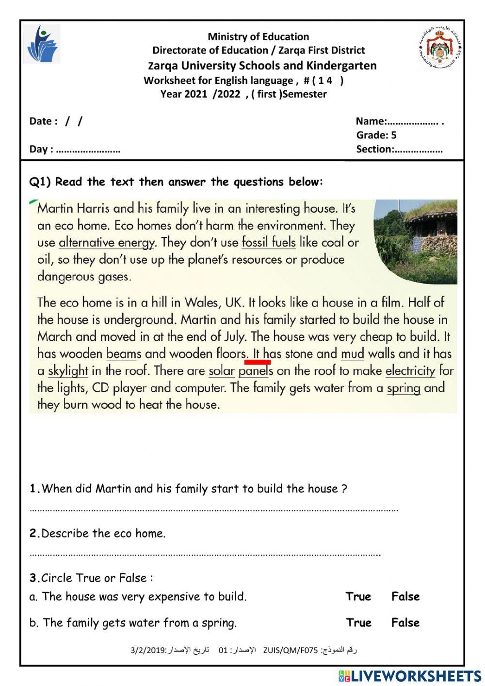 Reading worksheet