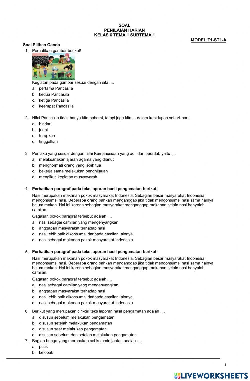 Ulangan Harian Sub Tema 1 kelas 6