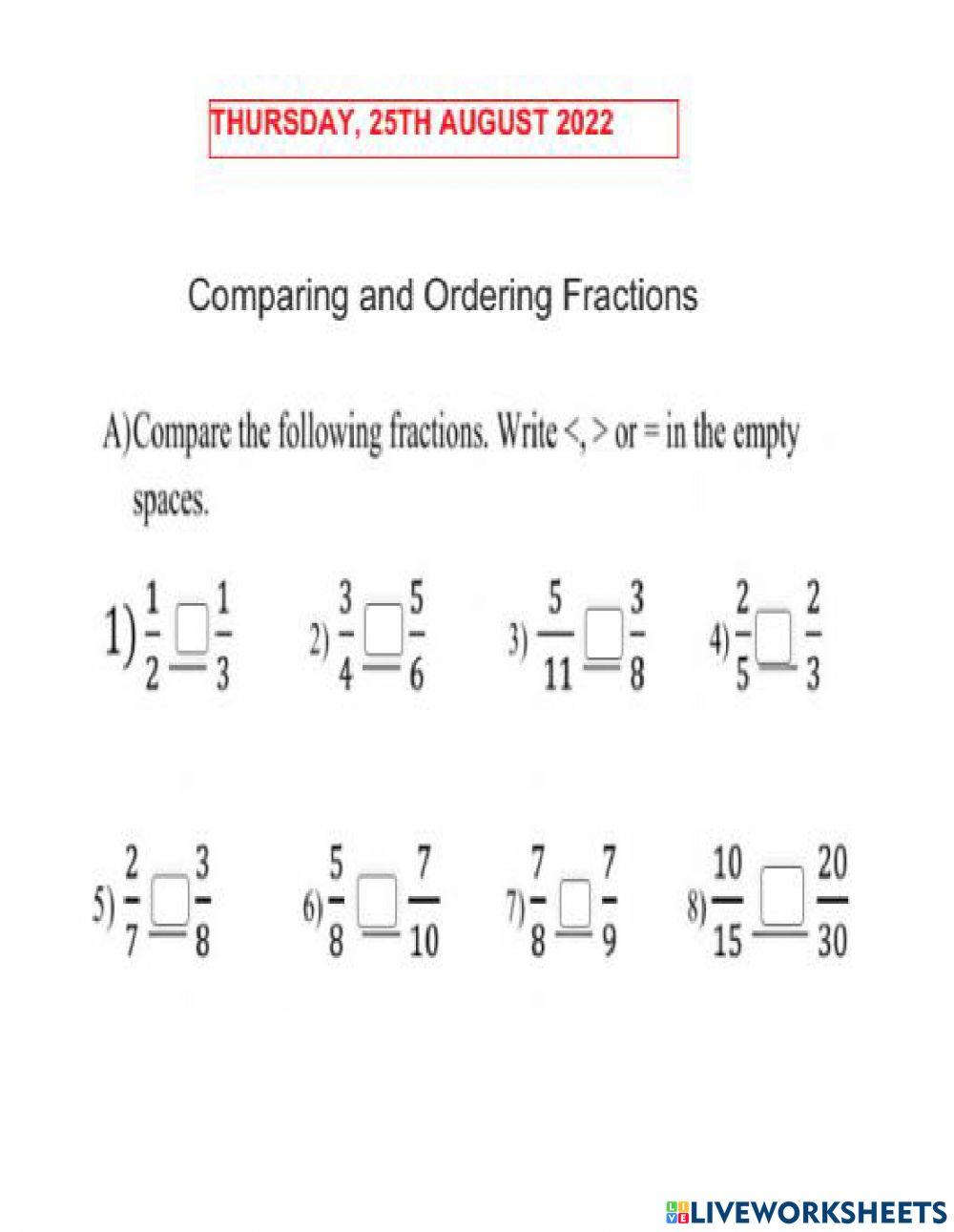 Worksheets comparing fractions