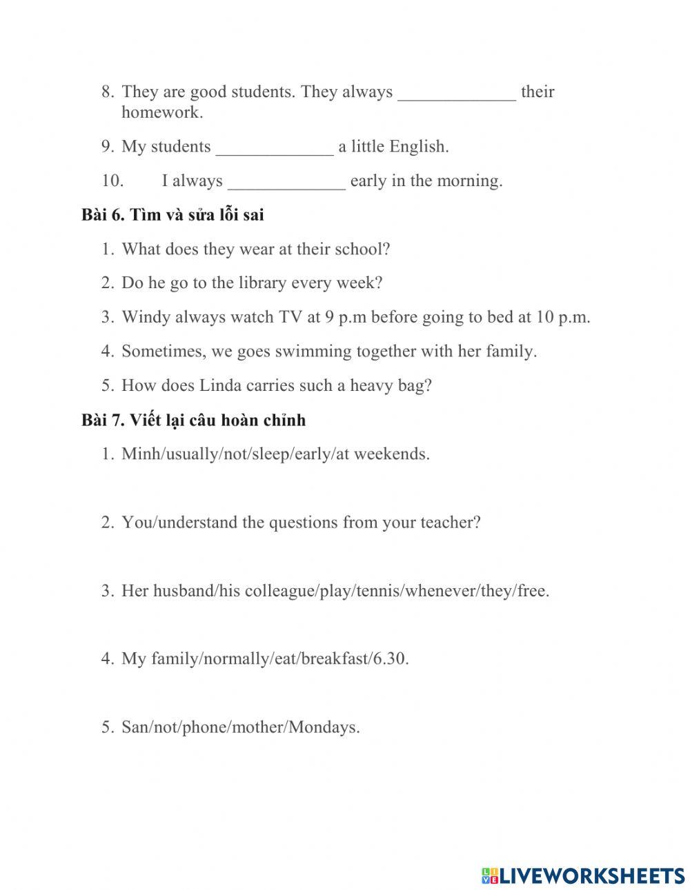 Bài tập thì hiện tại đơn 3