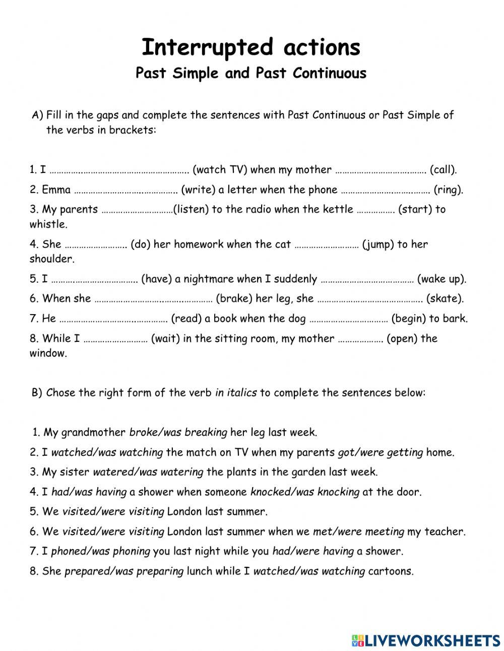 Gap Fill Worksheet Interrupted Actions Past Simple and Past Continuous