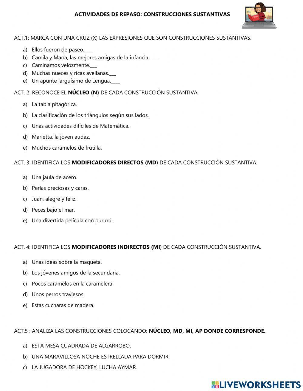 Repaso: construcciones sustantivas