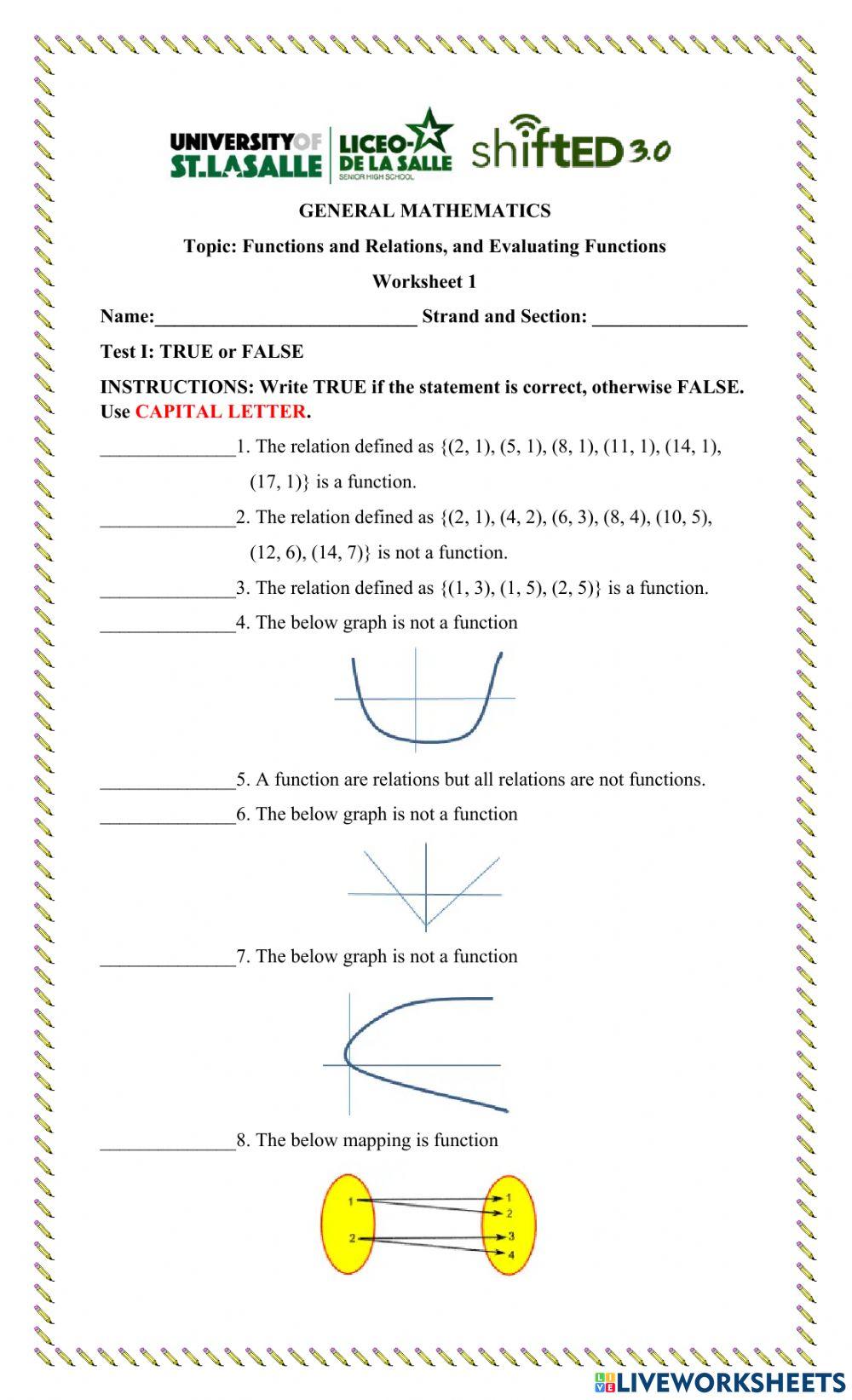 Functions and Relations, Evaluating Functions worksheet | Live Worksheets