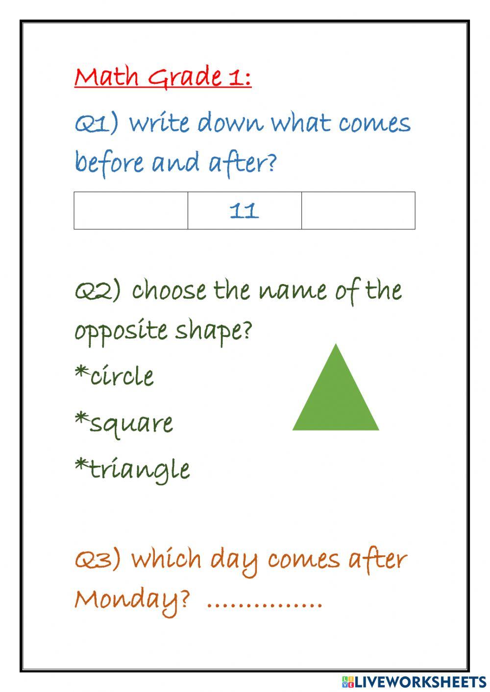 Math test grade 1 worksheet | Live Worksheets