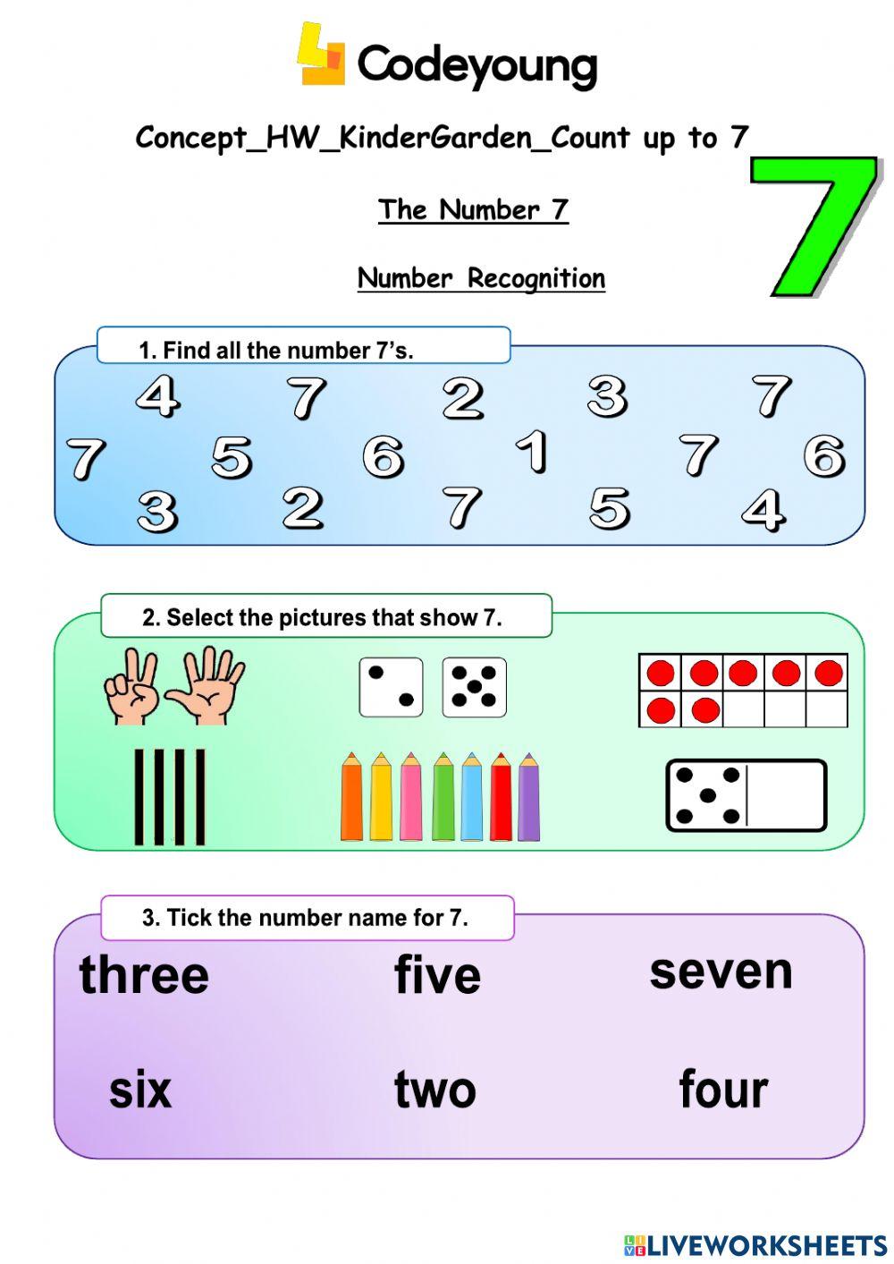 Recognize number 7 worksheet | Live Worksheets