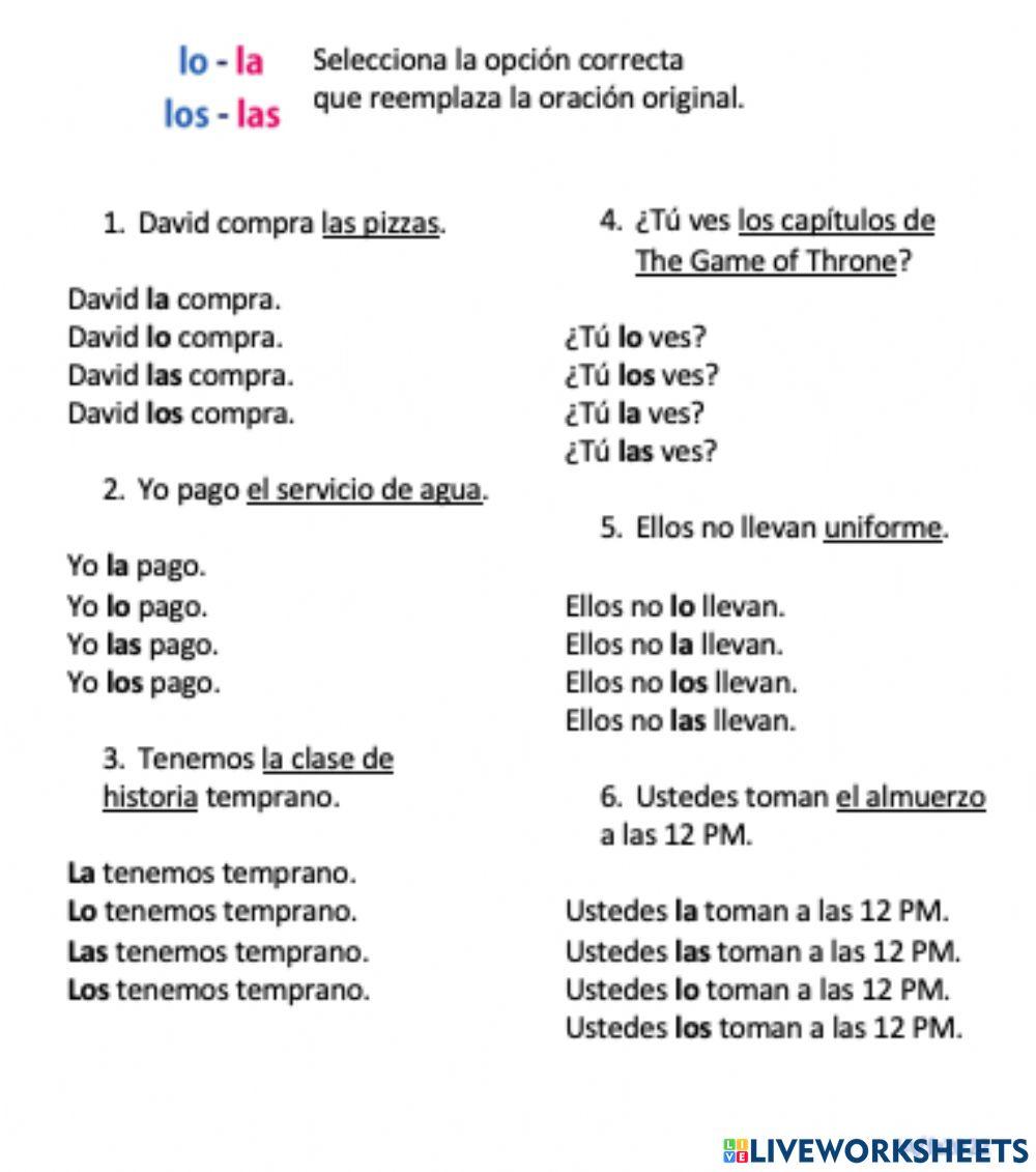Objeto directo lo los la las online exercise for live worksheets