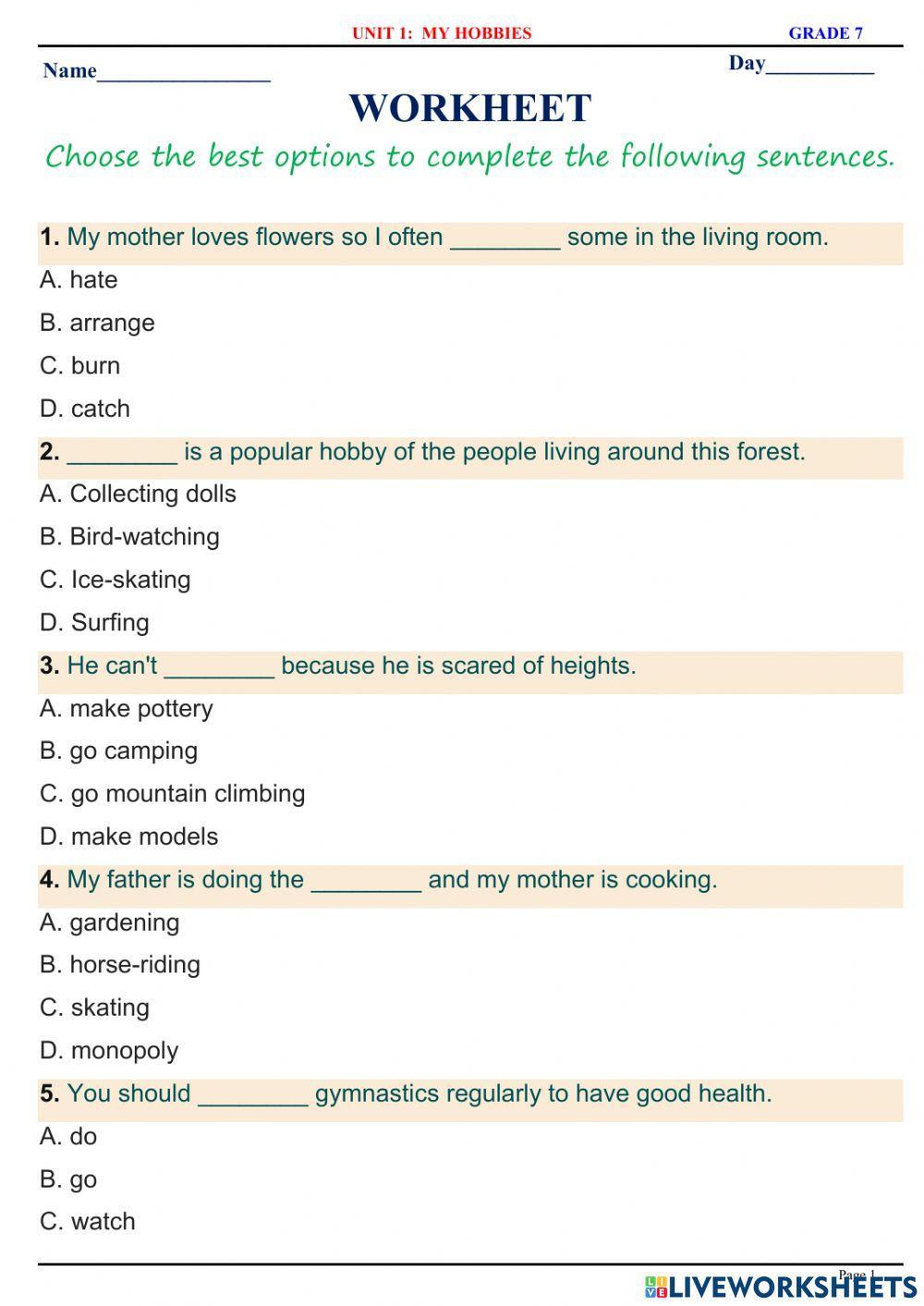 English 7.1 - Unit 1 - Vocabulary - Practice