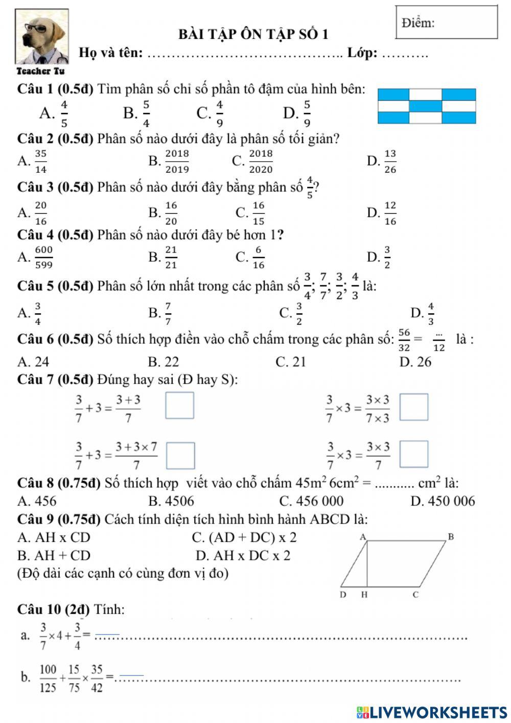 Bài ôn cuối hè lớp 5A - 1