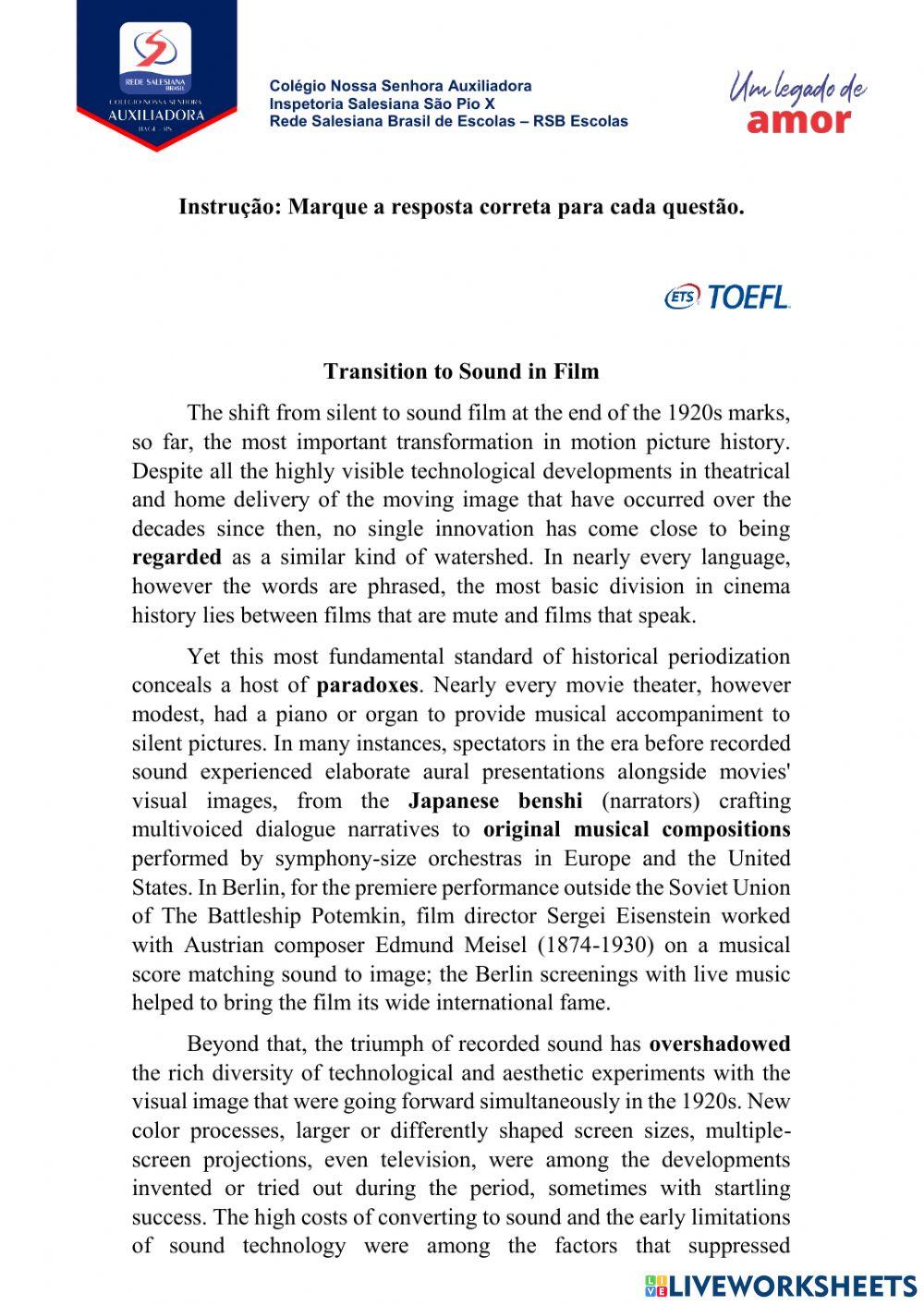 Toefl IBT Transition to sound in film