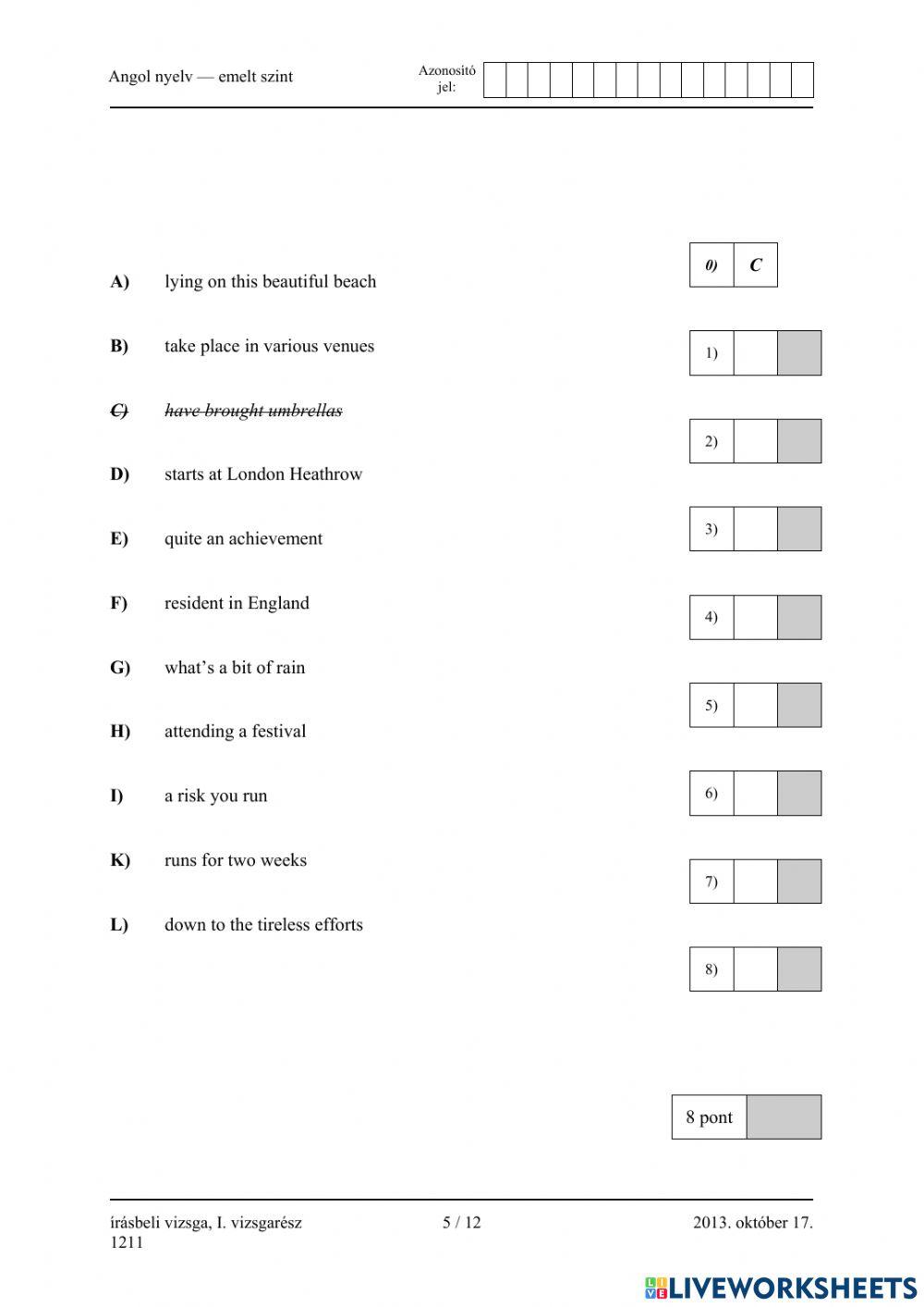 Érettségi 2013 október Olvasásértés