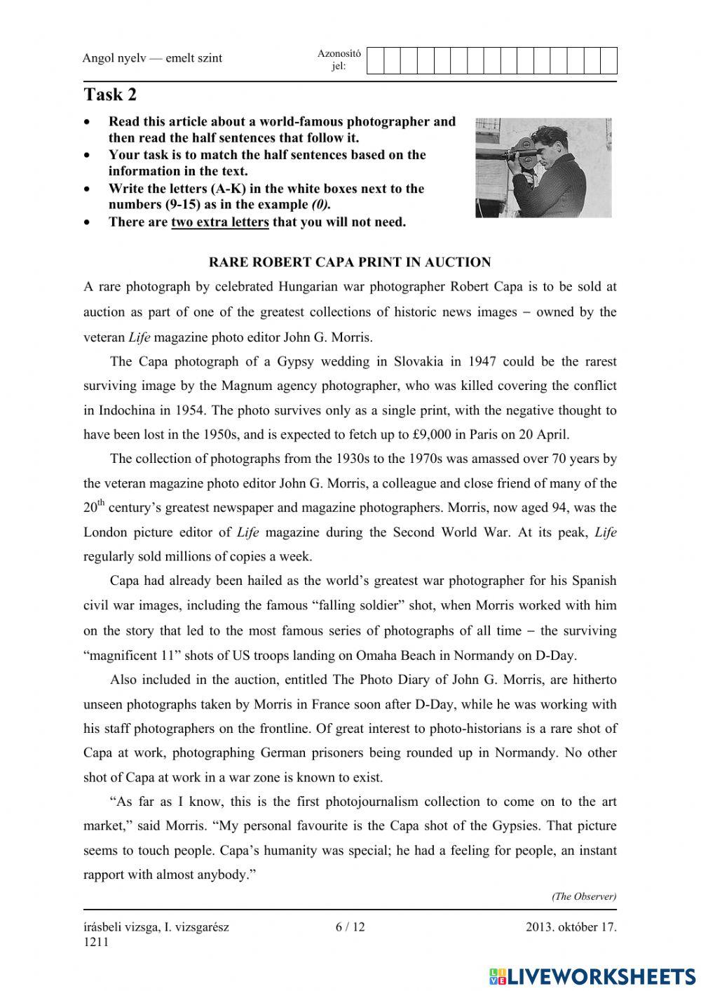 Érettségi 2013 október Olvasásértés