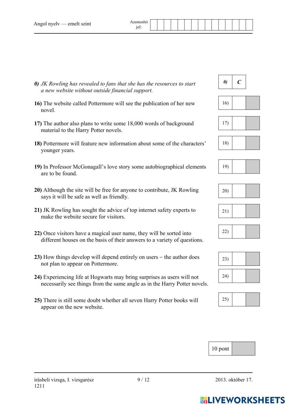 Érettségi 2013 október Olvasásértés