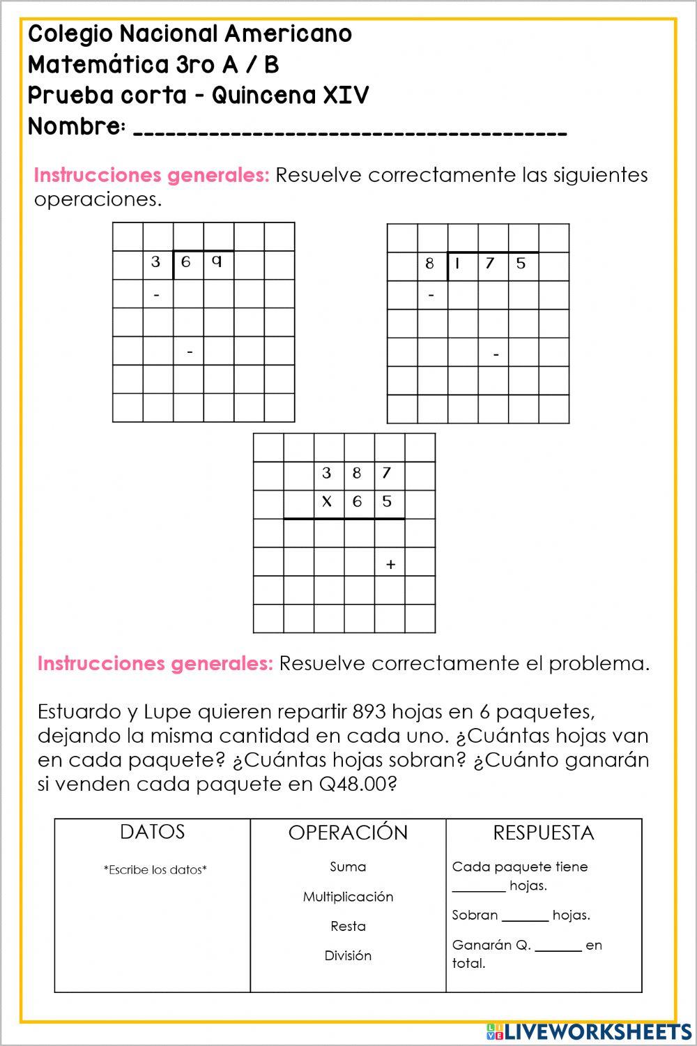 Q. XIV - Prueba corta de matemática