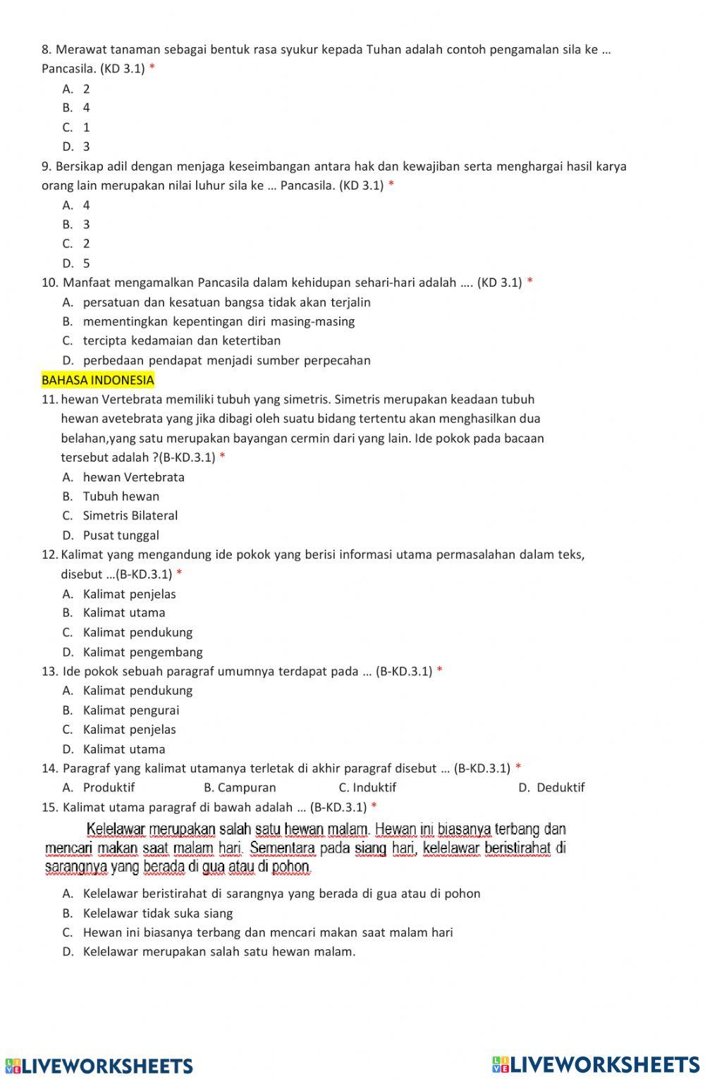 Penilaian harian tema 1 kelas 5 c