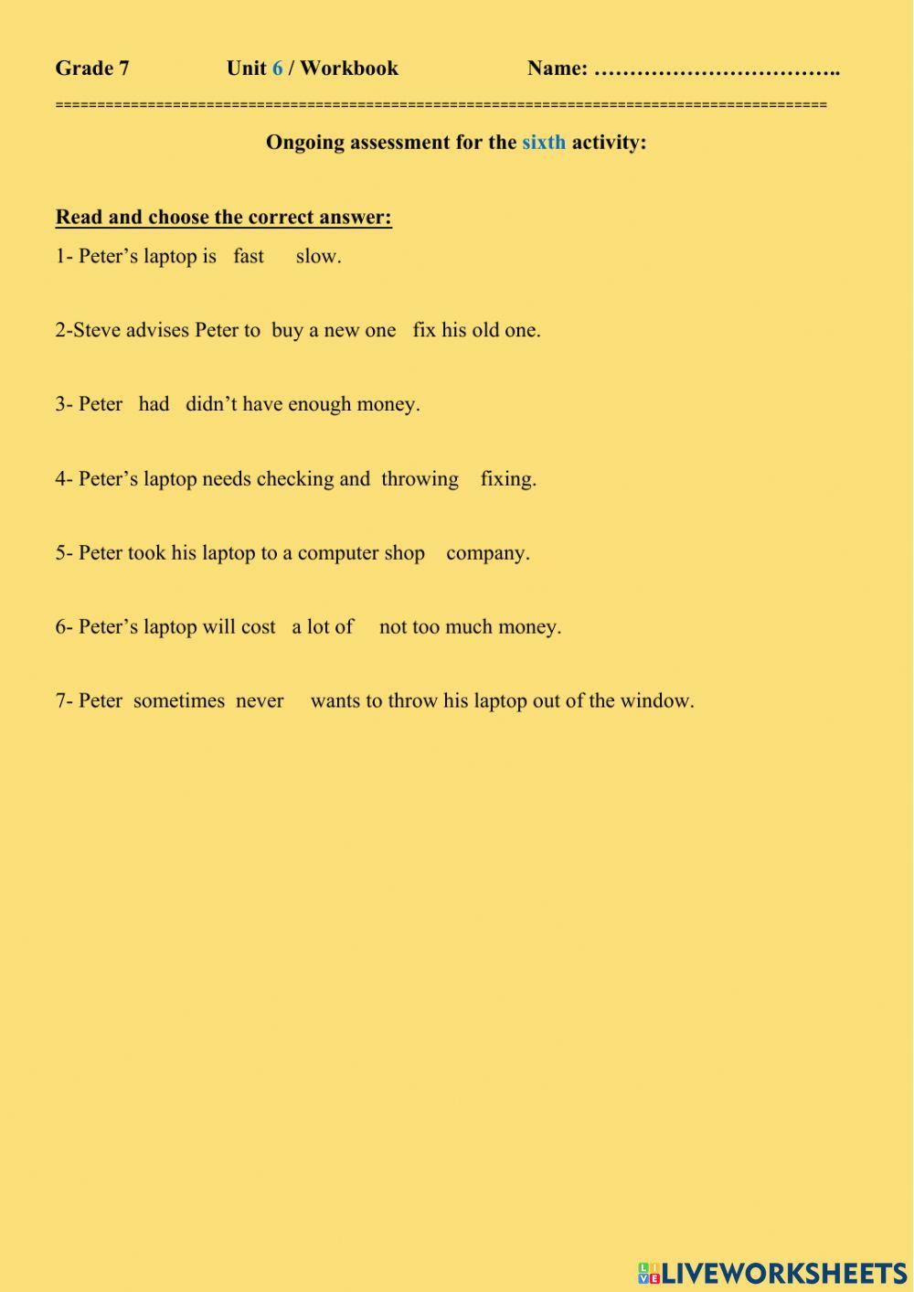 Unit 6 Workbook -Grade 7th