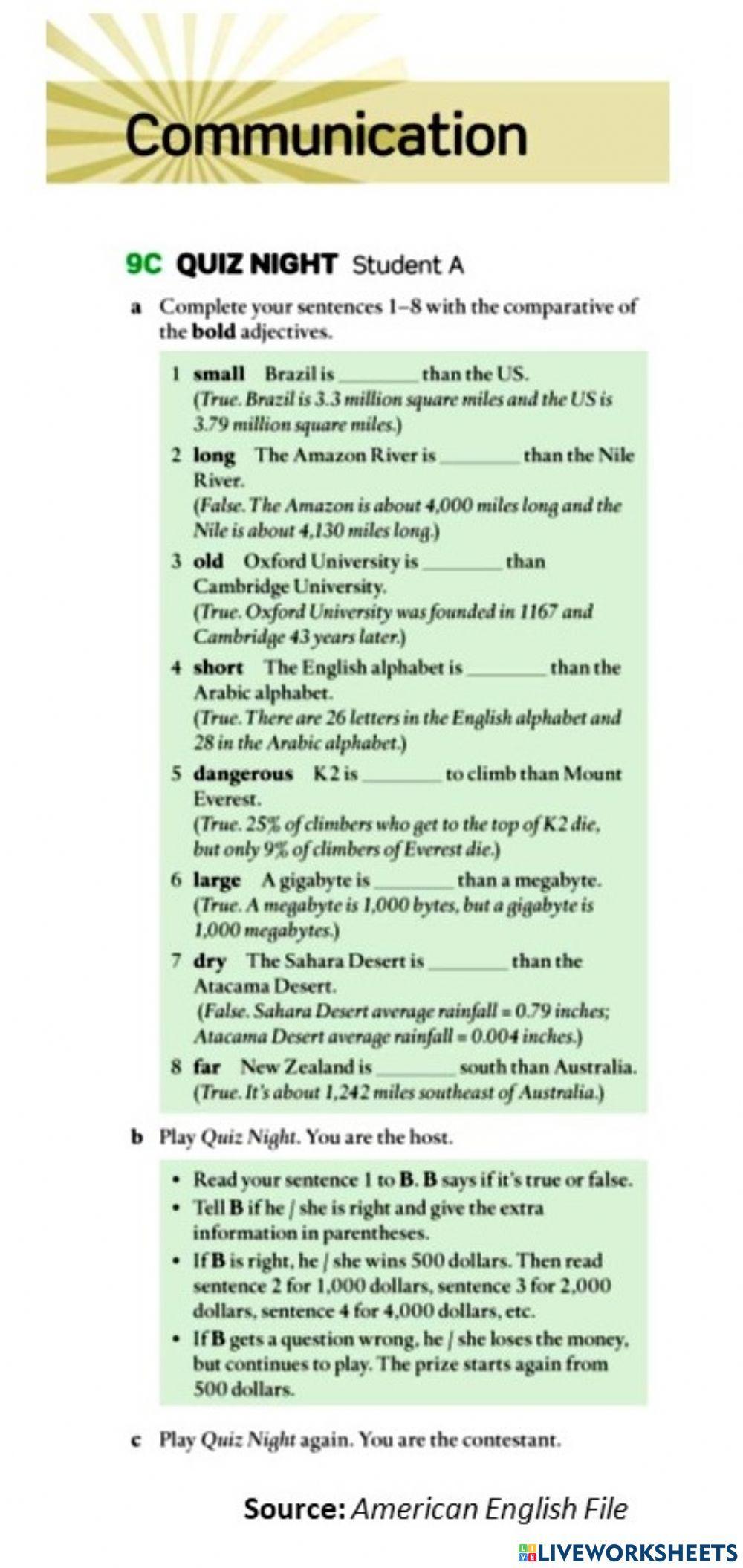 Quiz Night Speaking Activity Student A