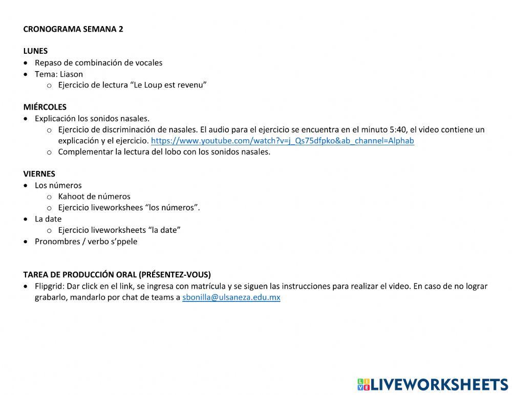 Cronograma: semana 2 Frances