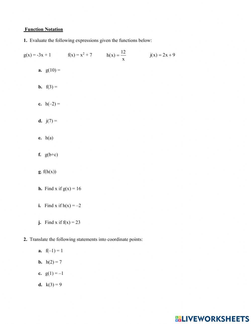 Function Notation 2636 | harrisem | Live Worksheets