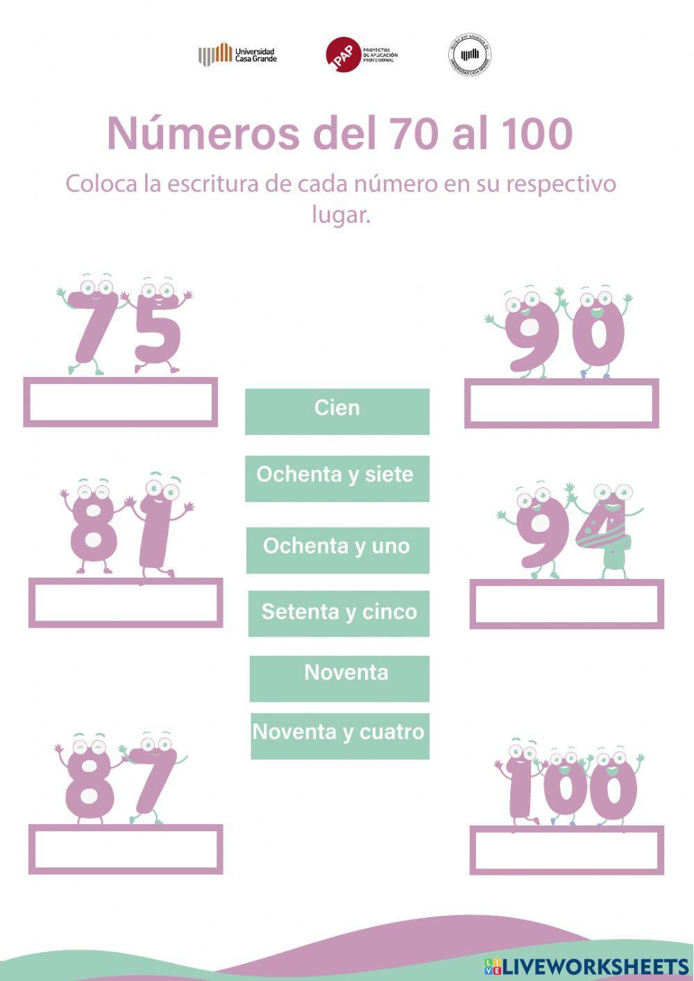 Números del 70 al 100