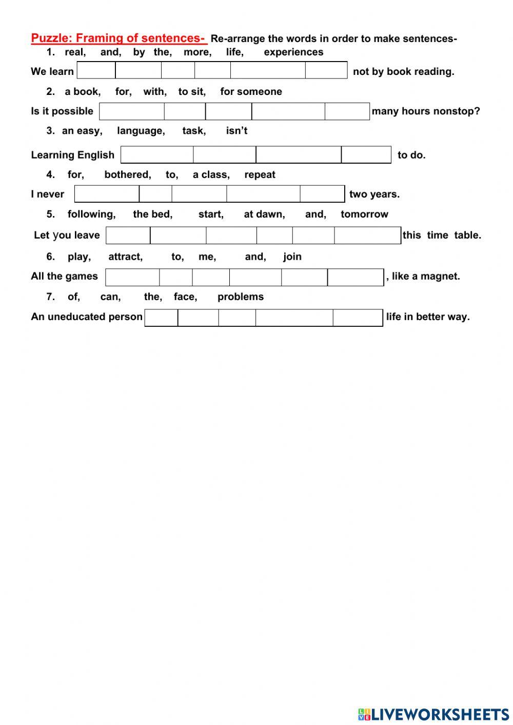 Framing the sentences worksheet Live Worksheets