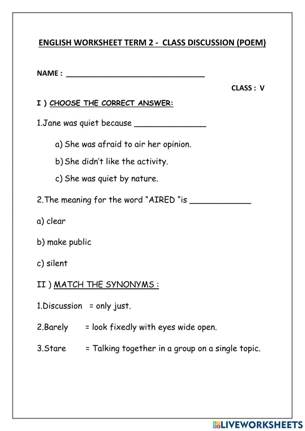 English term 2 unit 6 class discussion (poem)