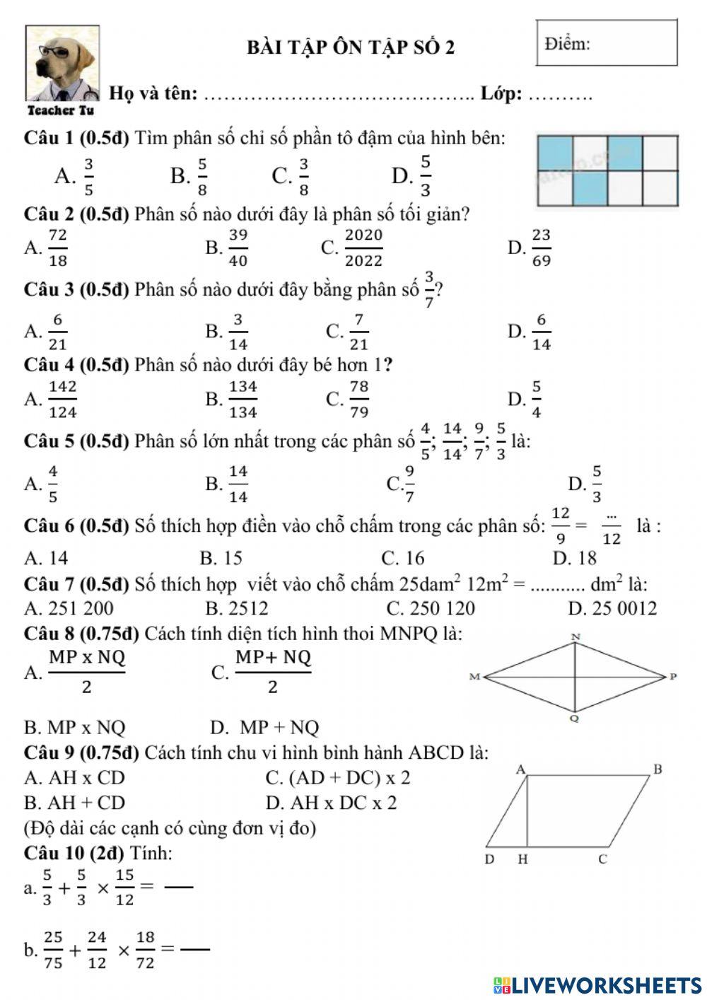 Bài ôn cuối hè lớp 5A - 2