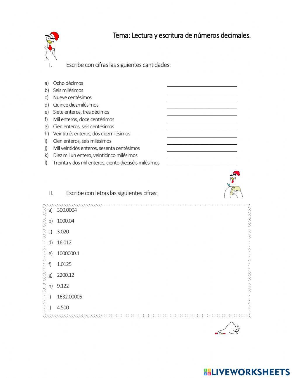 Lectura y escritura de números decimales