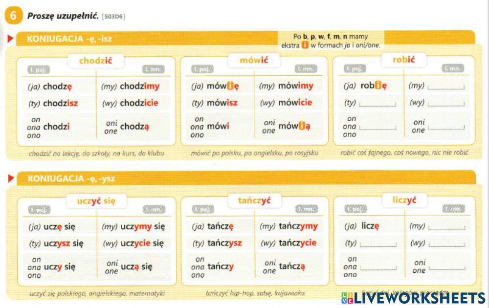 Koniugacja -ę, -isz- --ysz