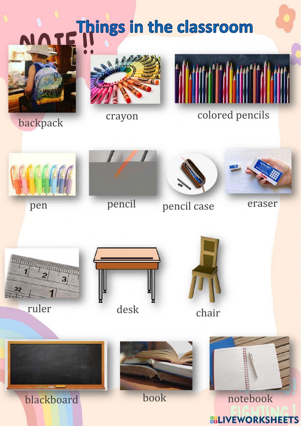 Vocabulary about things in the classroom, sports and subjects.