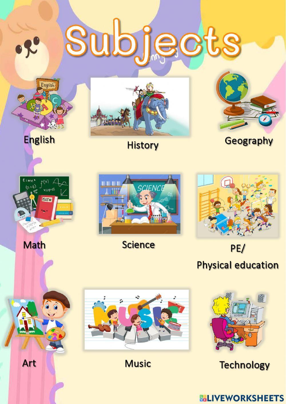 Vocabulary about things in the classroom, sports and subjects.