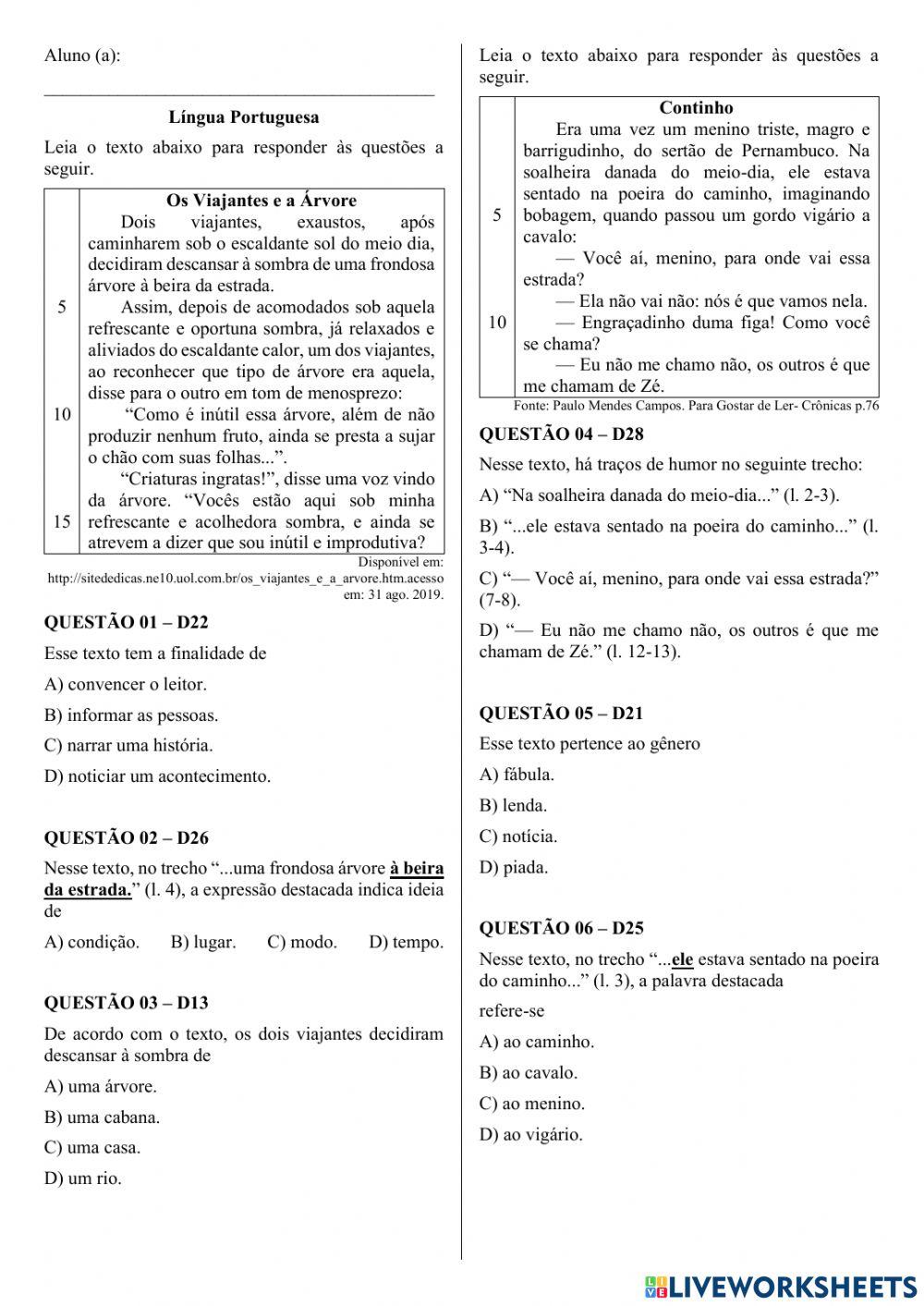 Simulado 5 de Preparação Para o SPAECE - LP - 5° Ano A