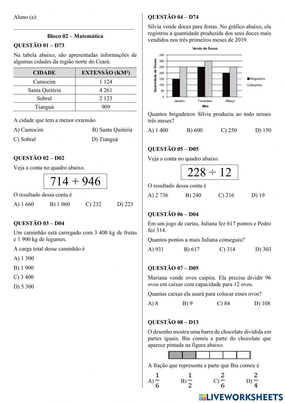 Atividade de Preparação Para o SPAECE - MA - 5° Ano B-C